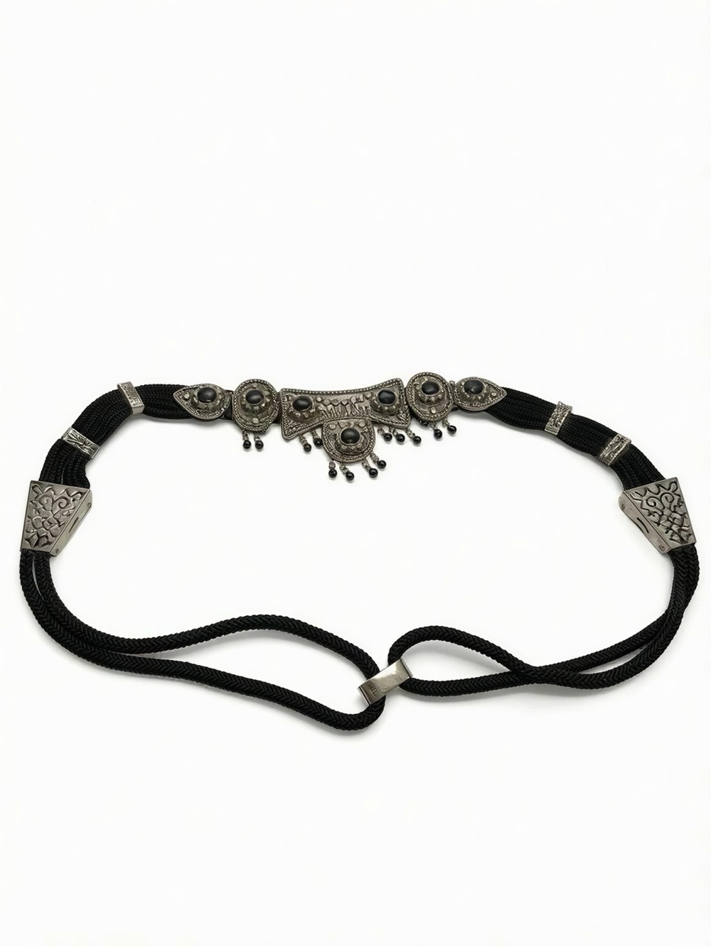 Vintage Boho/Western Black Cord‎ and Silver-Tone Decorative Belt